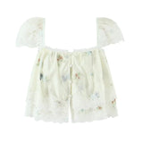 Purpdrank  French Style Floral Embroidery Cropped Blouse Shirt Women Beige Lace Lyocell Summer Vocation Casual Sexy Ladies Y2K Tops New