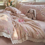 Purpdrank  Korean Style Girly Heart Floral Double Layer Gauze Four-Piece Set Princess Style Lace Trim Quilt Cover Bed Sheet Dormitory