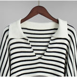 Purpdrank  Knit Striped Women Sweater Full Sleeve Deep V Neck Female Top 2025 Fashion Casual Autumn Loose Turn-down Collar Lady Pullovers