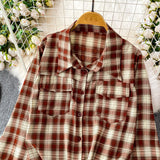 Purpdrank  Retro Hong Kong Sle Plaid Long Sve irt Women's ort Length Turn-down Collar Slimming Waist Tie Top for Autumn 2025