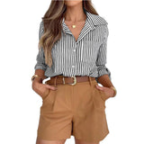 Purpdrank  Spring New Women's Long Sleeve Casual Button Pocket Commuter Striped Shirt
