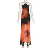 Purpdrank  Floral Print Sheer Mesh Patchwork Vacation Beach Maxi Dress Women Lace Up Halter Backless Sleeveless Bodycon Holiday Outfit Robe