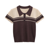 Purpdrank  Women Brown Beige Buttons Polo Collar Rib Knitted Short Sleeve Sweater Pullovers Knitwear All Match Knitting Tops Jumper