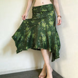 Purpdrank  Vacation Style Retro Green Flower Print Irregular Design Low Waist Long Skirt Casual Skirt