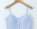 Purpdrank  New Summer Blue White Vertical stripes Print Camis Women Single-breasted Buttons Short Tank Tops Girl Sexy Slim Crop Top Tees