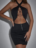 Purpdrank  Women Sexy Halter Neck Bodycon Mini Dress Summer Backless Cutout Chain Party Club Cocktail Dress