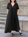 Purpdrank  Summer Fashion Elegant Women's Dress V-neck Cotton Linen Solid Color Pleated Short Sleeve Casual Pocket Split Long Dress