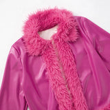 Purpdrank  Sexy Faux Leather Two Piece Women Furry Winter Outfit 2025 Fashion Faux Fur Collar Cardigans Coat and Micro Skirts Matching Sets
