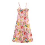 Purpdrank  Cross-Border Style Women's Midi Dress Mixed Linen Print Patchwork V-Neck Sleeveless Regular Waistline Knee-Length Gown