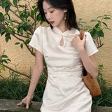 Purpdrank  New Chinese Style Waistband Slimming And Improved Qipao Summer Dress New Women Short Sleeve Long Patry Dress