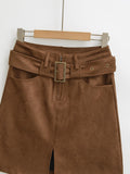 Purpdrank  New Autumn Sexy With Buckle Belt High Waist Suede Pencil Skirt for Women Above Knee Length Package Hips Front Slit Skirts Khaki