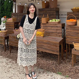 Purpdrank  Fashionable Hollow out Knitted Strap Dress V-Neck Sleeveless Midi A- Line Skirt Vintage Style Cotton Geometric Pattern Dress
