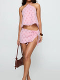 Purpdrank  Women Fashion Pattern Printed Club Party Outfits Elegant Split Tie-Up MIni Skirt 2Pc Sets Sexy Halter Tops and Short Skirt Suit