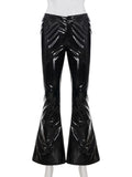 Purpdrank  Cool Reflective Patent Leather Flare Pants Women's Black Low Waist Slim Fit Retro Streetwear Casual Female Long Trousers