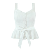 Purpdrank  New Holiday White Spliced Lace Strap Camis Women Summer Open Buttons Front Tie Bow Sashes Tank Tops V neck Ruffles Hem Crop Top