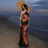 Purpdrank  Floral Print Sheer Mesh Patchwork Vacation Beach Maxi Dress Women Lace Up Halter Backless Sleeveless Bodycon Holiday Outfit Robe