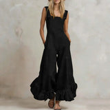 Purpdrank  New Summer Ruffle Hem Wide Leg Jumpsuit Women Button Square Neck Casual Loose Romper Retro Sleeveless High Waist Pocket Playsuit