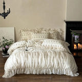 Purpdrank  100% Cotton Vintage French Rose Print Pleat Lace Ruffles Princess Bedding Set Duvet Cover Bed Sheet/Fitted Sheet Pillowcase 4Pcs