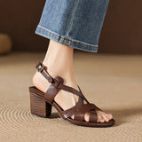 Purpdrank   Shoes Woman Summer Plus Size 34-42 Women's Cow Leather Narrow Band Cross Strap Hollow-out 6cm Thick Low Heel Casual Shoes