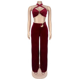 Purpdrank  Irregular Velvet Long Pants Two-pieces Set Criss-cross Hanging Neck Lacing Tank Tops+Hollow Trousers Fashion Sexy Club Wear