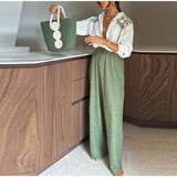 Purpdrank  Casual Print Pants Sets Women Loose Lapel Single Breasted Long Sleeve Shirts Solid Wide Leg Pant 2025 Summer Lady Elegant Outfit