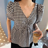 Purpdrank  Summer Vintage Plaid Puff Sleeve Women's Blouses 2025 New Short Sleeve V-neck Casual Slim Shirts for Womens
