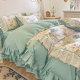 Purpdrank  Korean Princess Style 100% Cotton Bedding Set French Flowers Print Lace Ruffles Duvet Cover Bed Skirt Bedspread Pillowcases 4Pcs