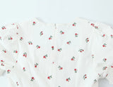 Purpdrank  Retro French Style White Floral Print Short Puff Sleeve Dress Women V neck Slim Waist A-line Mini Dresses Vestidos Holiday Robe