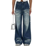 Purpdrank  Fashionable Whitewashed Design Style Girl's Denim Pants - Vintage High Street Long Length Frayed Floor-length Pants