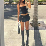 Purpdrank  Y2K Streetwear Solid Color Women Buttons Low Waist Pleated Skirt Folded A-line Saia Mini Skirt With Shorts Lining