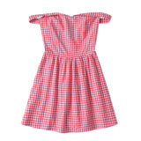 Purpdrank  Holiday Plaid Print Off Shoulder Mini Dress Retro Women Short Sleeve Low Waist Ruched Hem Ball Gown Swing Mini Robe Party