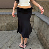 Purpdrank  Basic Solid Mermaid Hem Skirts Slim Black Folds Low-Waisted Midi Skirts Women Summer Fashion Streetwear Lady Party Bottoms