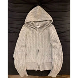 Purpdrank  Gray Vintage Women Hooded Cardigan Long Sleeve Korean Fashion Zipper Twist Sweaters Loose Solid Color Old Money Winter