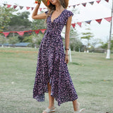 Purpdrank  Elegant Women's V-neck Floral Print Long Dress Summer Short-sleeve Lace Up A-line Dresses Bohemian Holiday Vacation Dresses