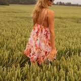 Purpdrank  Casual Loose Beach Vacation Dress Summer Sexy V-neck Floral Printed Halter Dress Elegant Backless Pleated Sleeveless Mini Dress