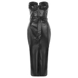 Purpdrank  Pu Leather Strapless Backless Sexy Dress Women Elegant Tight Button Wrap Evening Dress Summer Fall Party Mermaid Midi Dress