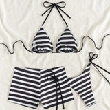 Purpdrank  New Shorts Three-Piece Black White Striped Bikini Set Women Summer Swimming Wading Sports Sexy Backless Lace Up Style Swimwear