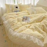 Purpdrank  Fashion Lattice Bedding Set Bed Sheet Cute Princess AB Double Sided Ruffle Flower Quilt Cover Pillowcase Bedclothes Home Textile