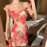 Purpdrank  Super Fairy Large Swing Atmosphere Pink Rose Flower Retro Square Neck Strap Long Dress Design Sense Beach Vacation Dress