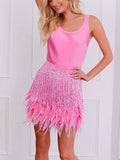 Purpdrank  Sexy Pink Sequined Tassel Faux Feather Two Piece Sets Women 2025 Fashion Y2K Party Club Outfits Summer Tank Tops and Mini Skirts