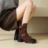 Purpdrank - 2023 Autumn Winter New Women Ankle Boots Thick High Heels Cow Suede Genuine Leather Shoes Woman Side Office Lady Retro Boots