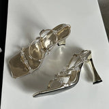 Purpdrank  2025 New Black Gold Square Toe Crystal Flower Women Sandals Fashion Rhinestone Buckle Strap High Heels Wedding Prom Shoes