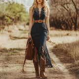 Purpdrank   Retro Solid Ruffle Irregular Lace Dress Women Summer V Neck Slim Party Long Dress Sleeveless Long Mermaid Boho Midi Dress