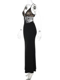 Purpdrank  Black Lace Mesh Maxi Dress for Women Sexy Metal Circle Cut Out Deep V Neck Sleeveless Criss Cross Back Bodycon Party Dress