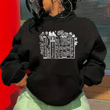 Purpdrank  Women's Fleece-Lined Hooded Sweater Autumn Winter European American Fashion Printed Back Bag Collar Style