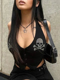 Purpdrank  Summer Vests 2025 Women's Sexy Skull Crystal Sleeveless Halter Neck Button Through Streetwear Vests