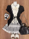 Purpdrank  Harajuku Summer Women 2 Piece Set Gothic Lace Slim Tops + Elastic Plaid Short Skirt Female Retro High Street Y2k Design Outfits