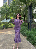 Purpdrank  Sexy Long Sleeve Lace Cheongsam Dress Waist Cinched Maxi Skirt for Women Southeast Asia Cross Border Elegant Commute Style