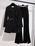 Purpdrank - Women Suits Office Sets New Spring  Long Sleeve Fold Pocket Blazer Women Solid Color Bell Bottoms Fashion Elegance Office Lady