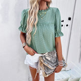 Purpdrank  Summer Women's T-shirt Lace Collar Female Short Sleeve Tops Solid Color Hollow Out Lady's Blouse Women's Bottoming Shirt